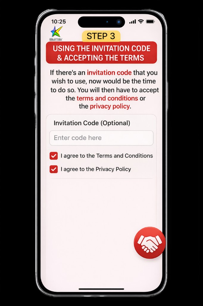 Step 3 — Invitation code and terms